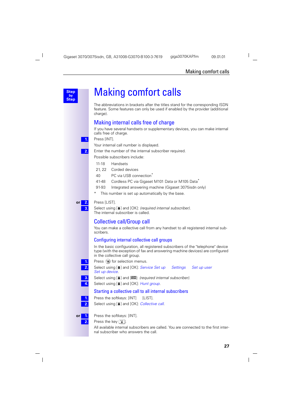 H1.pb - making comfort calls, H2 - making internal calls free of charge, H2 - collective call/group call | Making comfort calls, Making internal calls free of charge, Collective call/group call, Configuring internal collective call groups | Siemens Gigaset 75 User Manual | Page 31 / 83