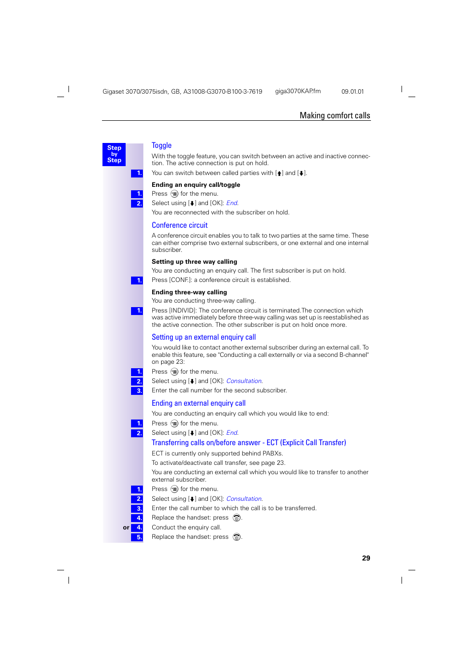 Making comfort calls, Toggle, Conference circuit | Setting up an external enquiry call, Ending an external enquiry call | Siemens Gigaset 75 User Manual | Page 33 / 83