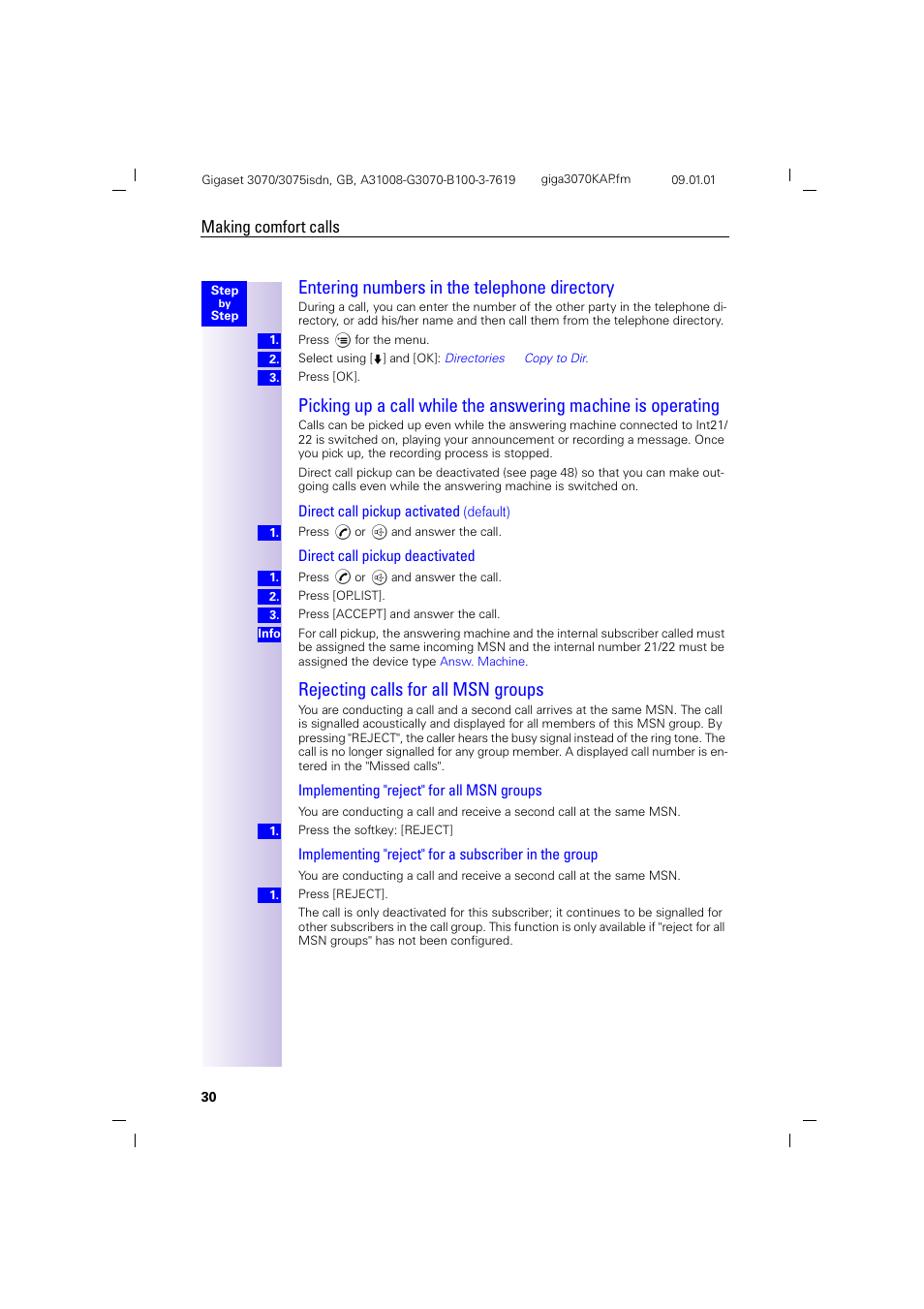 H2 - entering numbers in the telephone directory, H2 - rejecting calls for all msn groups, Entering numbers in the telephone directory | Rejecting calls for all msn groups, Making comfort calls, Direct call pickup activated ghidxow, Direct call pickup deactivated, Implementing "reject" for all msn groups | Siemens Gigaset 75 User Manual | Page 34 / 83