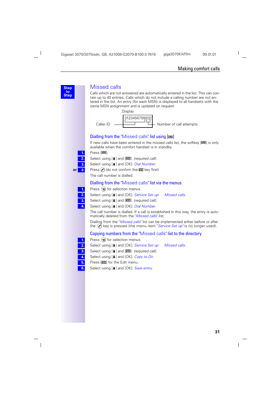 H2.pb - missed calls, Missed calls, Making comfort calls | Dialling from the "missed calls" list using | Siemens Gigaset 75 User Manual | Page 35 / 83