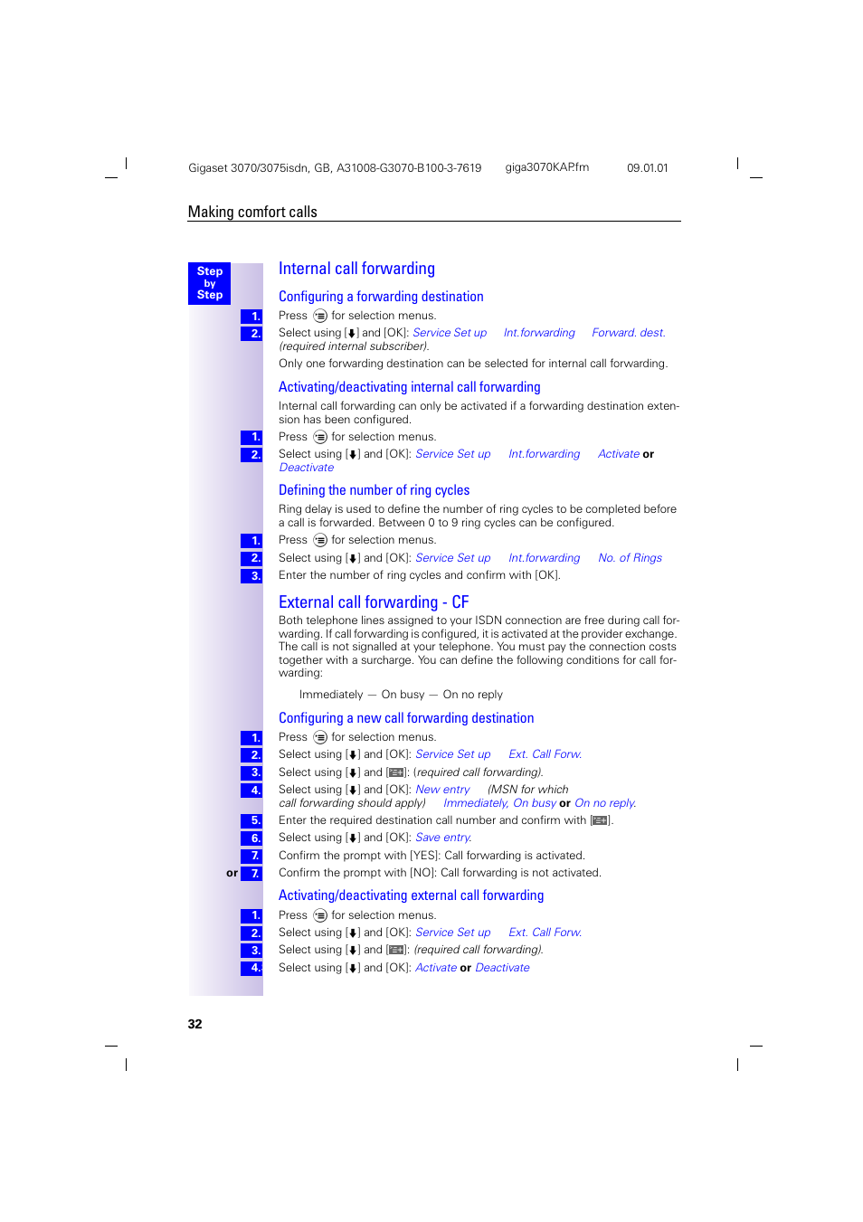 H2.pb - internal call forwarding, H2 - external call forwarding - cf, Internal call forwarding | External call forwarding - cf, Making comfort calls, Configuring a forwarding destination, Activating/deactivating internal call forwarding, Defining the number of ring cycles, Configuring a new call forwarding destination, Activating/deactivating external call forwarding | Siemens Gigaset 75 User Manual | Page 36 / 83