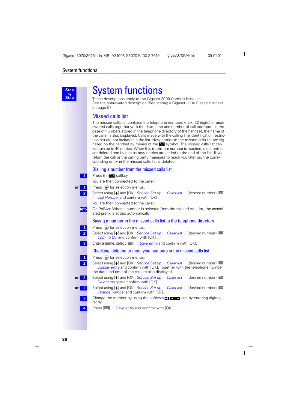 H1.pb - system functions, H2 - missed calls list, System functions | Missed calls list, Dialling a number from the missed calls list | Siemens Gigaset 75 User Manual | Page 42 / 83