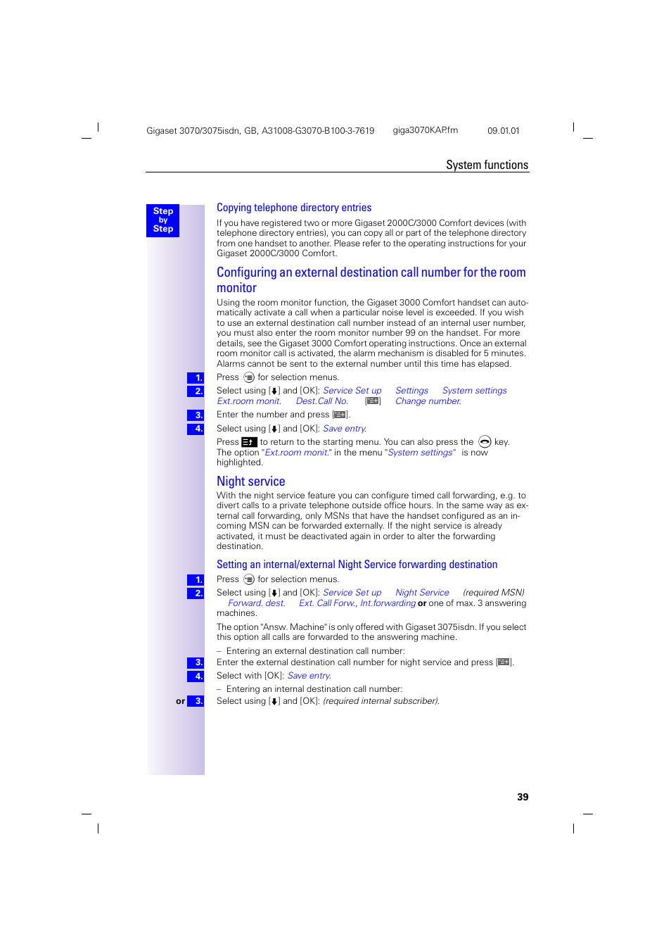 H2 - night service, Night service, System functions | Copying telephone directory entries | Siemens Gigaset 75 User Manual | Page 43 / 83