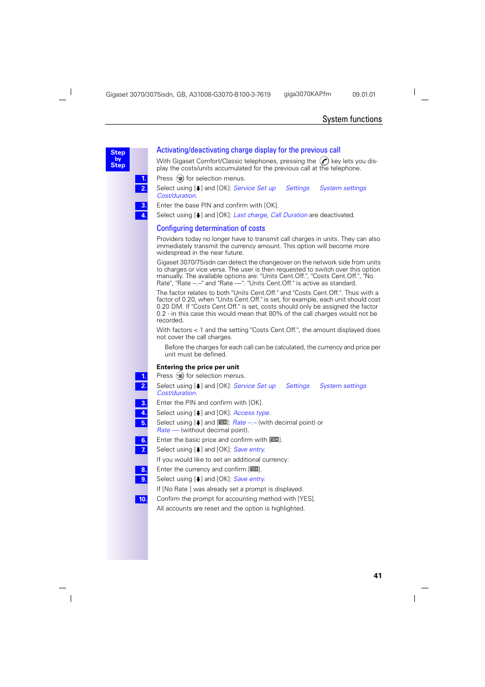 System functions, Configuring determination of costs | Siemens Gigaset 75 User Manual | Page 45 / 83