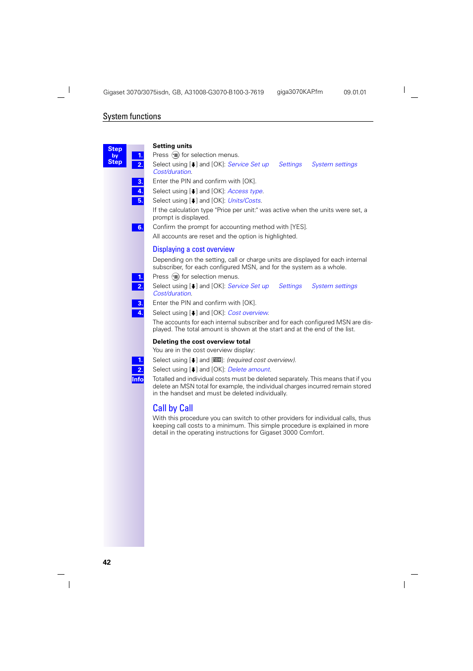 H2 - call by call, Call by call, System functions | Displaying a cost overview | Siemens Gigaset 75 User Manual | Page 46 / 83
