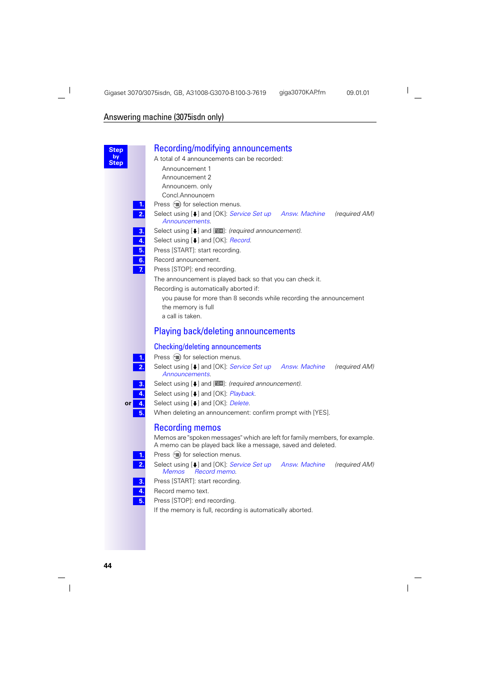 H2.pb - recording/modifying announcements, H2 - playing back/deleting announcements, H2 - recording memos | Recording memos, Approval, Recording/modifying announcements, Playing back/deleting announcements, Answering machine (3075isdn only), Checking/deleting announcements | Siemens Gigaset 75 User Manual | Page 48 / 83