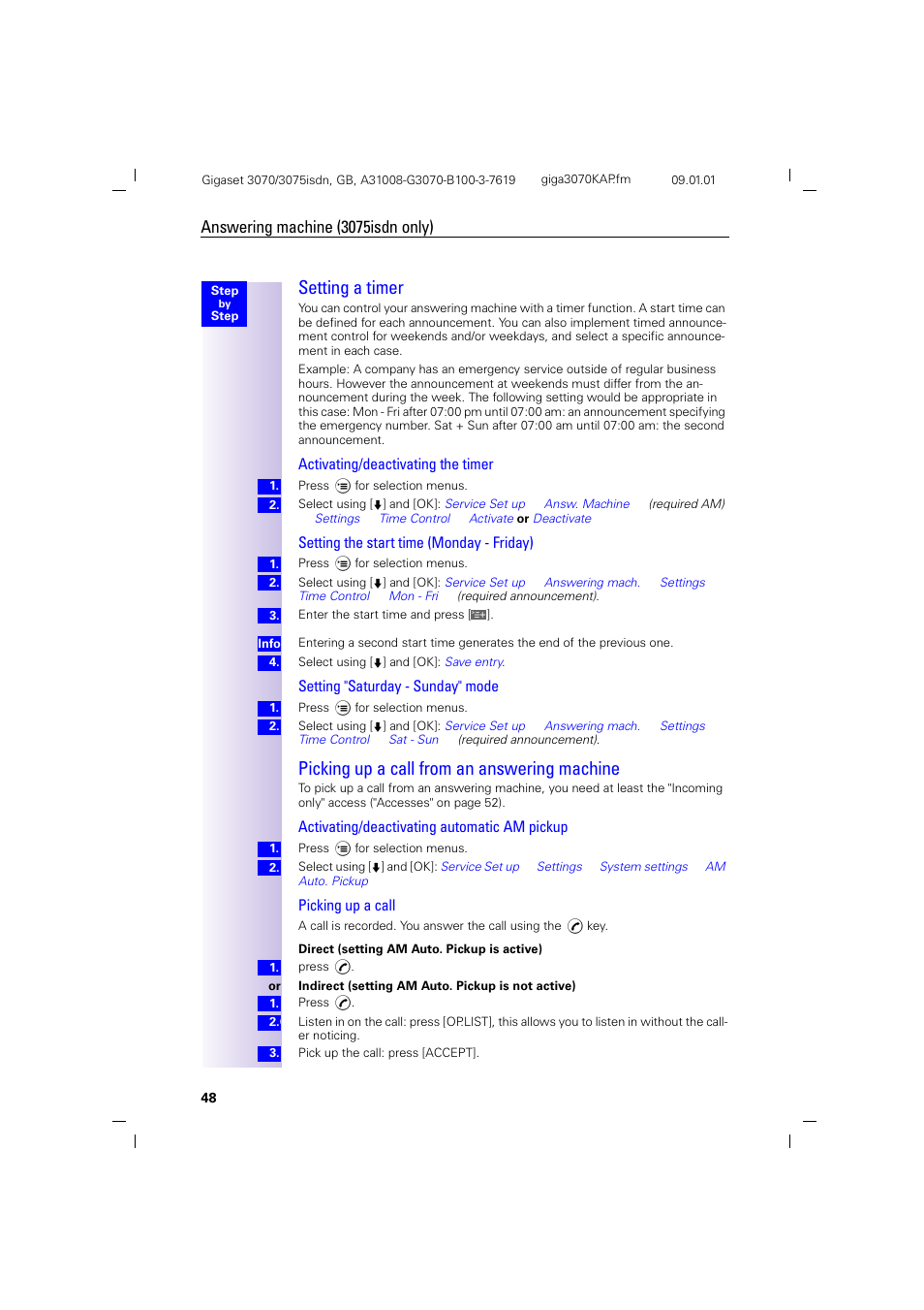H2.pb - setting a timer, H2 - picking up a call from an answering machine, Setting a timer | Picking up a call from an answering machine, Answering machine (3075isdn only), Activating/deactivating the timer, Setting the start time (monday - friday), Setting "saturday - sunday" mode, Activating/deactivating automatic am pickup, Picking up a call | Siemens Gigaset 75 User Manual | Page 52 / 83