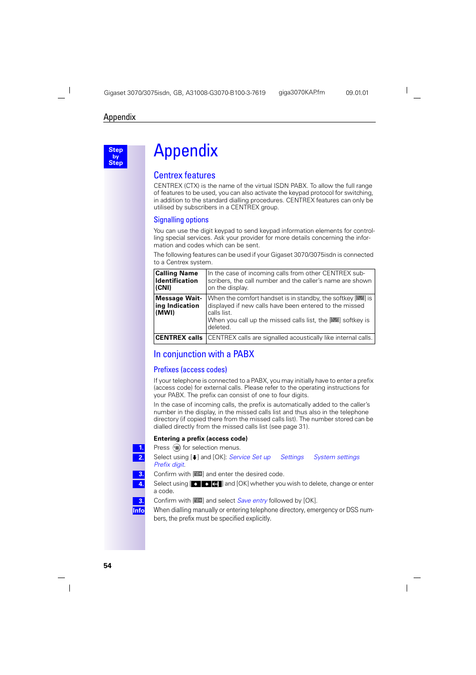 H1.pb - appendix, H2 - centrex features, H2 - in conjunction with a pabx | Appendix, Centrex features in conjunction with a pabx, Centrex features | Siemens Gigaset 75 User Manual | Page 58 / 83