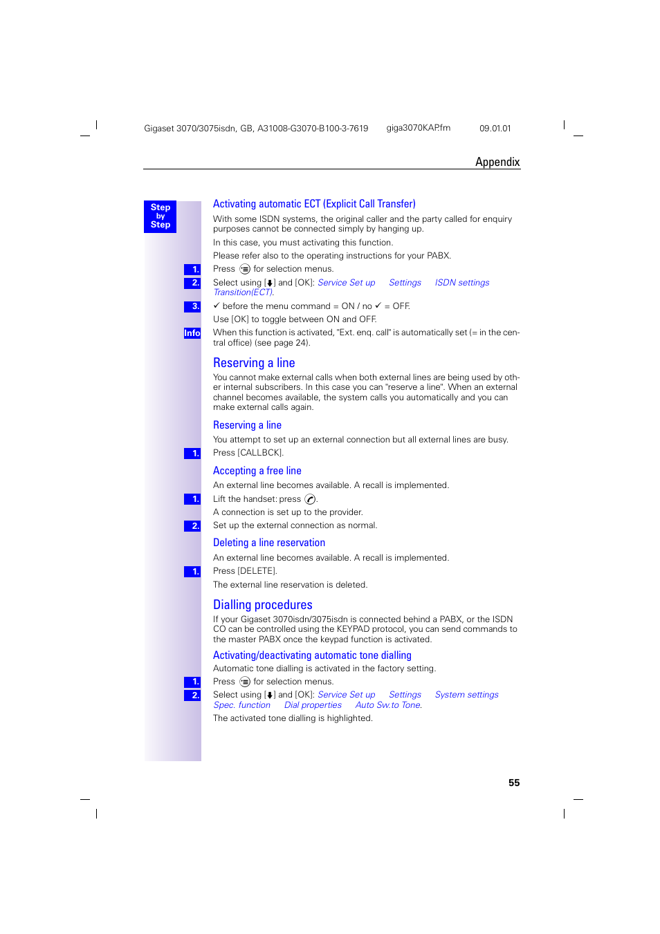 H2 - reserving a line, H2 - dialling procedures, Reserving a line dialling procedures | Reserving a line, Dialling procedures, Appendix, Activating automatic ect (explicit call transfer), Accepting a free line, Deleting a line reservation, Activating/deactivating automatic tone dialling | Siemens Gigaset 75 User Manual | Page 59 / 83