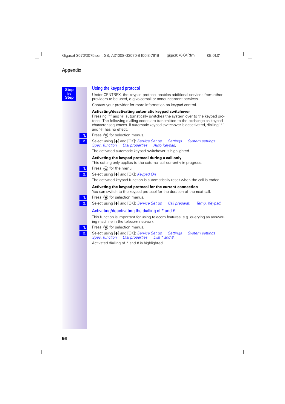 Appendix, Using the keypad protocol, Activating/deactivating the dialling of * and | Siemens Gigaset 75 User Manual | Page 60 / 83