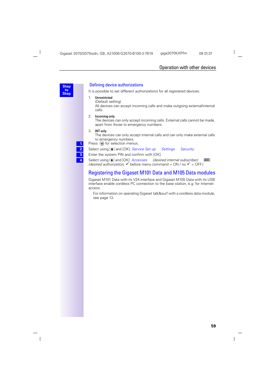 Operation with other devices, Defining device authorizations | Siemens Gigaset 75 User Manual | Page 63 / 83