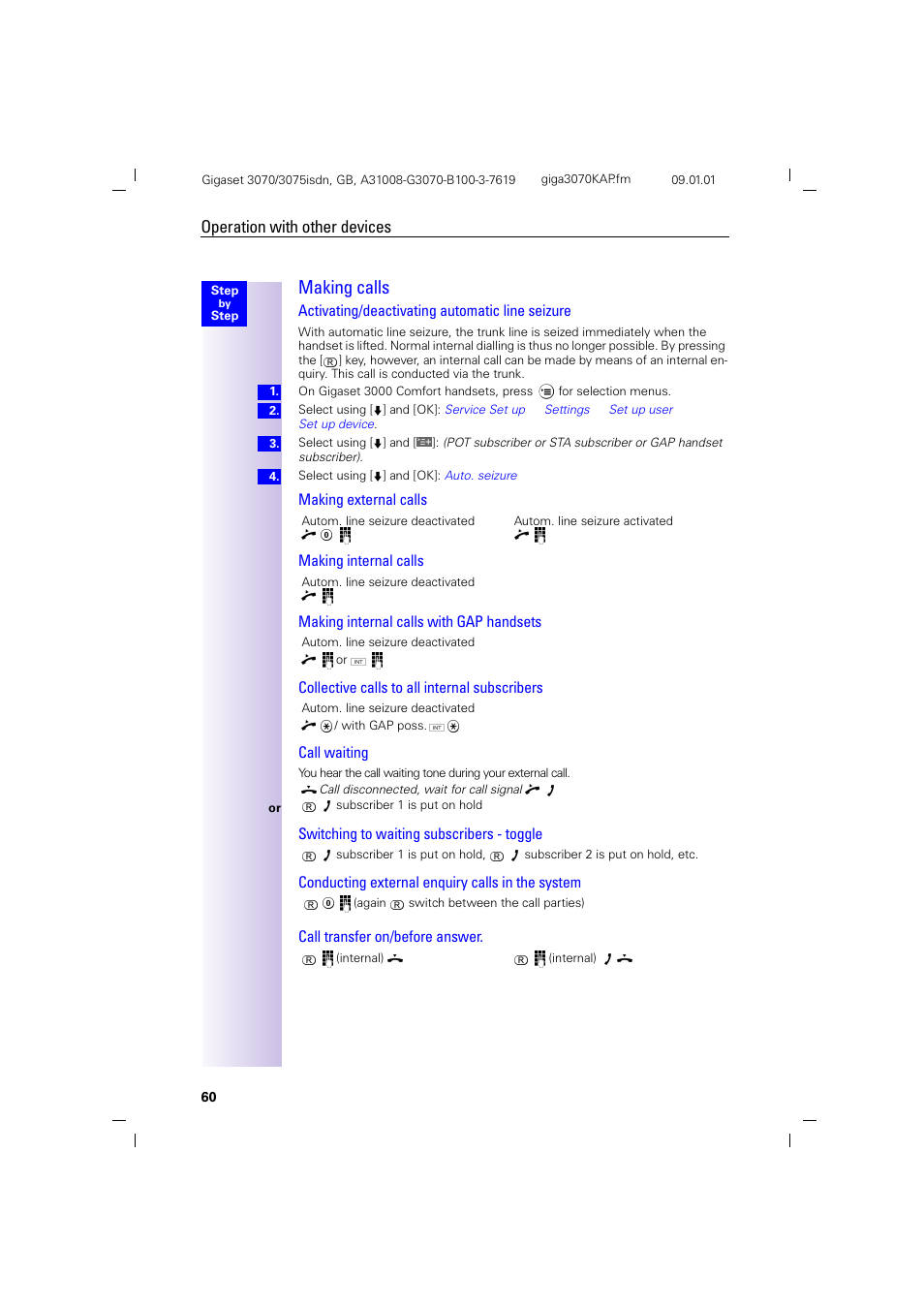 H2.pb - making calls, Making calls, Operation with other devices | Activating/deactivating automatic line seizure | Siemens Gigaset 75 User Manual | Page 64 / 83