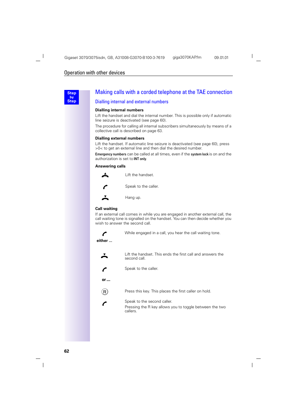 Operation with other devices, Dialling internal and external numbers | Siemens Gigaset 75 User Manual | Page 66 / 83