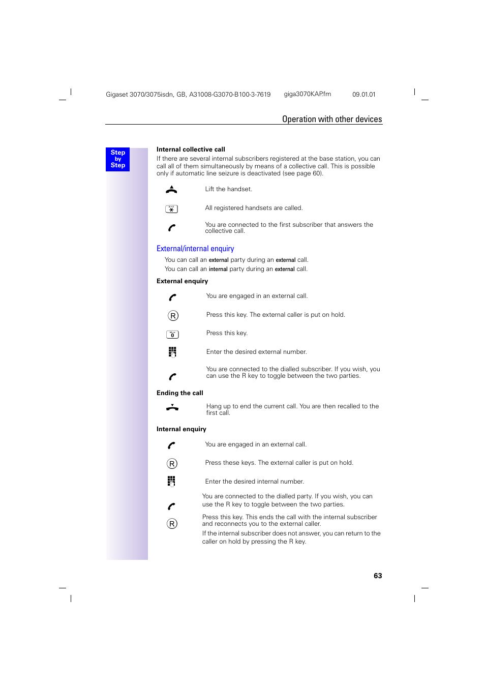 Operation with other devices, External/internal enquiry | Siemens Gigaset 75 User Manual | Page 67 / 83