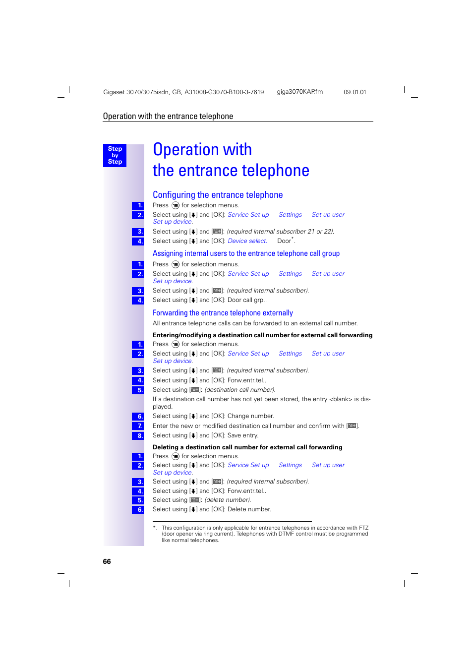 H1.pb - operation with theentrancetelephone, H2 - configuring the entrance telephone, Operation with the entrance telephone | Configuring the entrance telephone, Forwarding the entrance telephone externally | Siemens Gigaset 75 User Manual | Page 70 / 83