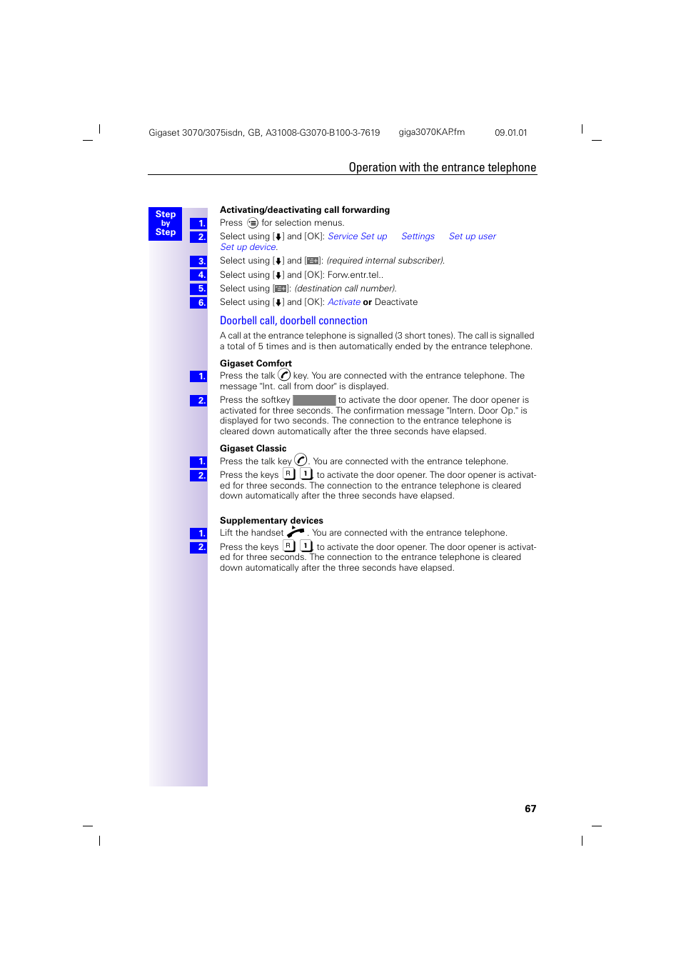 Operation with the entrance telephone, Doorbell call, doorbell connection | Siemens Gigaset 75 User Manual | Page 71 / 83