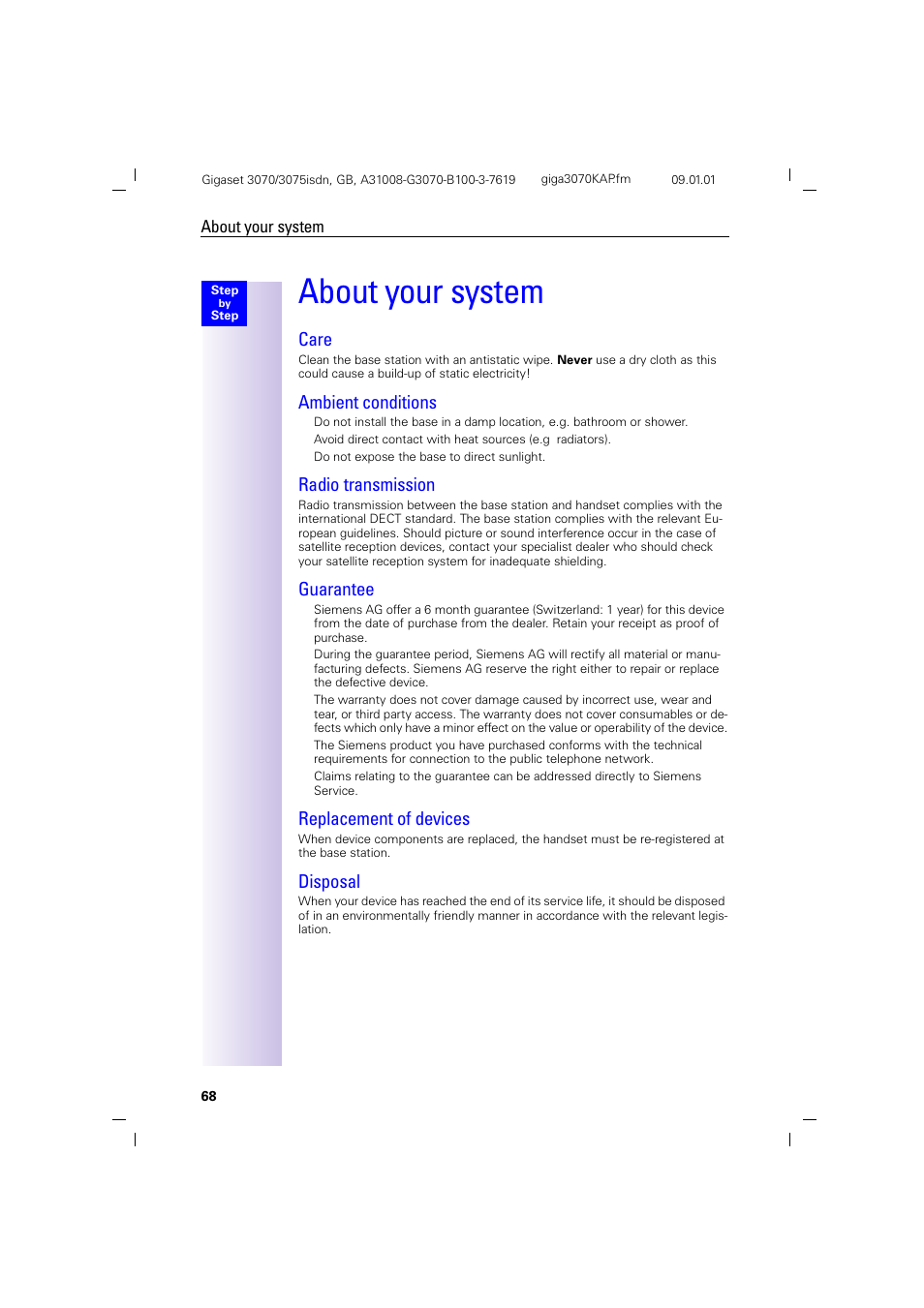 H1 - about your system, About your system, Care | Ambient conditions, Radio transmission, Guarantee, Replacement of devices, Disposal | Siemens Gigaset 75 User Manual | Page 72 / 83