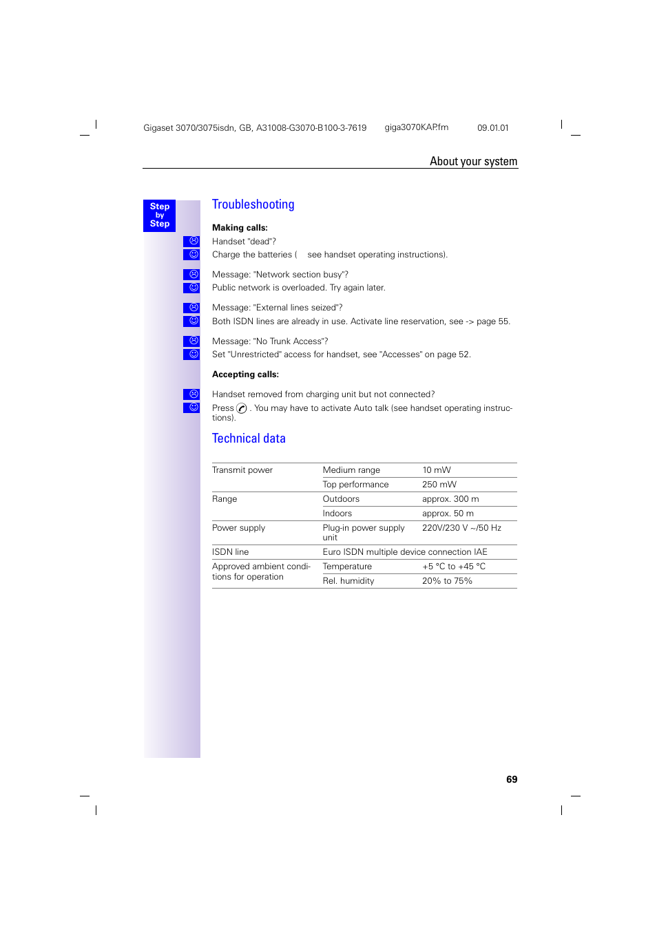 H2.pb - troubleshooting, H2 - technical data, Troubleshooting technical data | Troubleshooting, Technical data, About your system | Siemens Gigaset 75 User Manual | Page 73 / 83