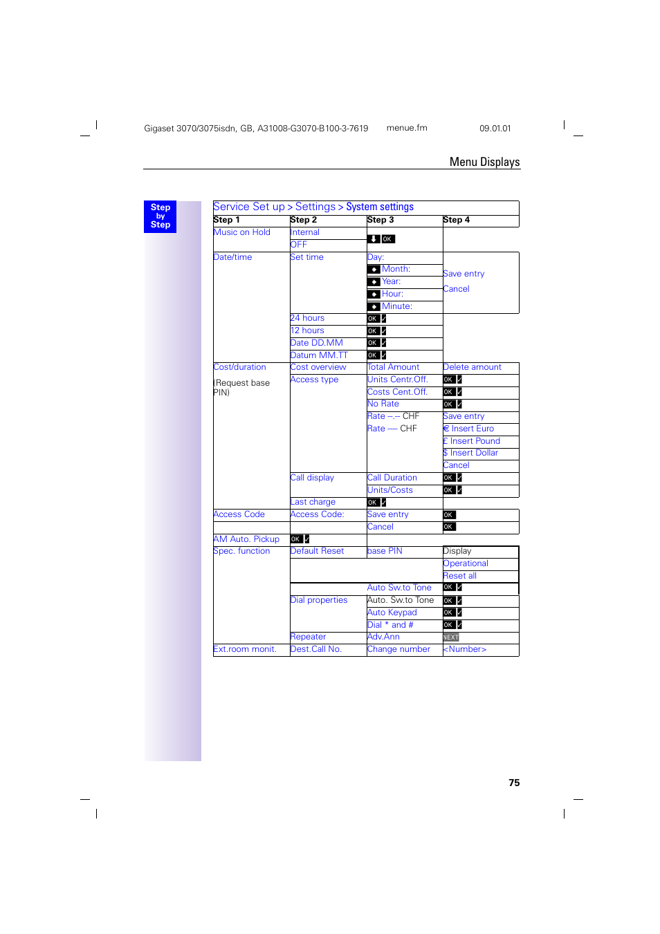 Menu displays, Service set up > settings > system settings | Siemens Gigaset 75 User Manual | Page 79 / 83