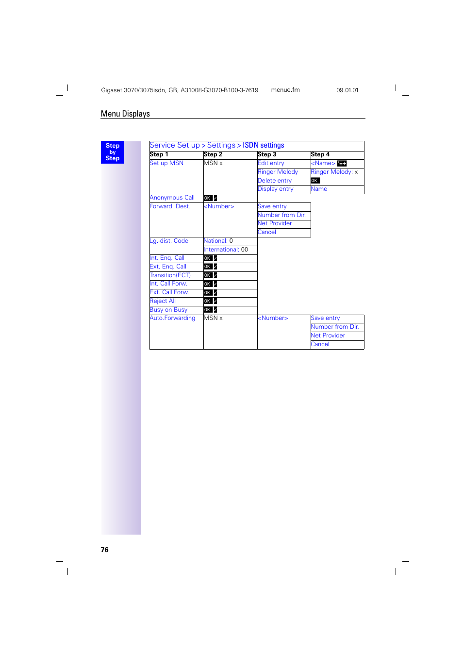 Menu displays, Service set up > settings > isdn settings | Siemens Gigaset 75 User Manual | Page 80 / 83