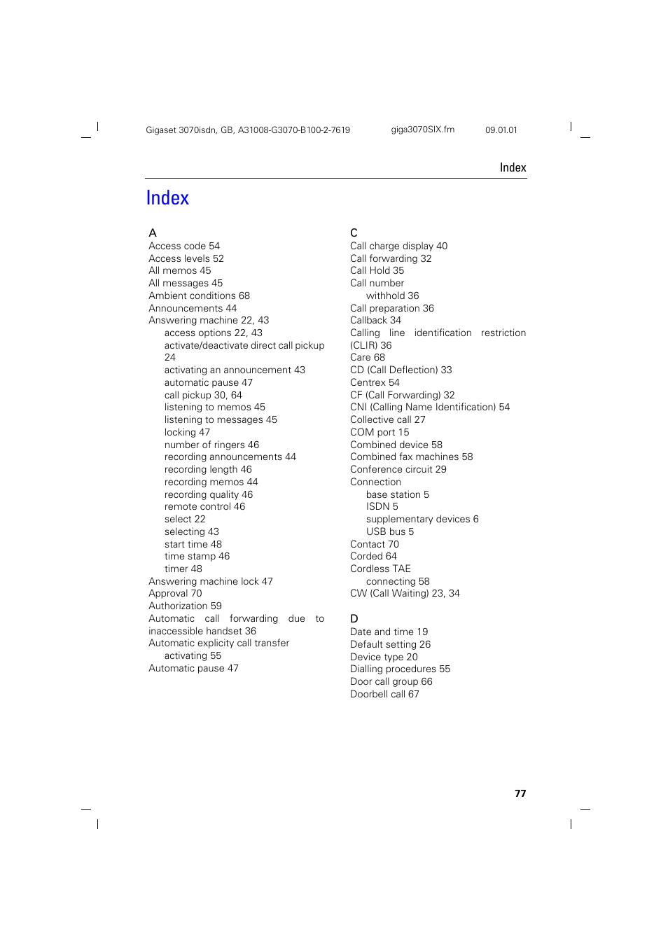 H1 - index, Index | Siemens Gigaset 75 User Manual | Page 81 / 83