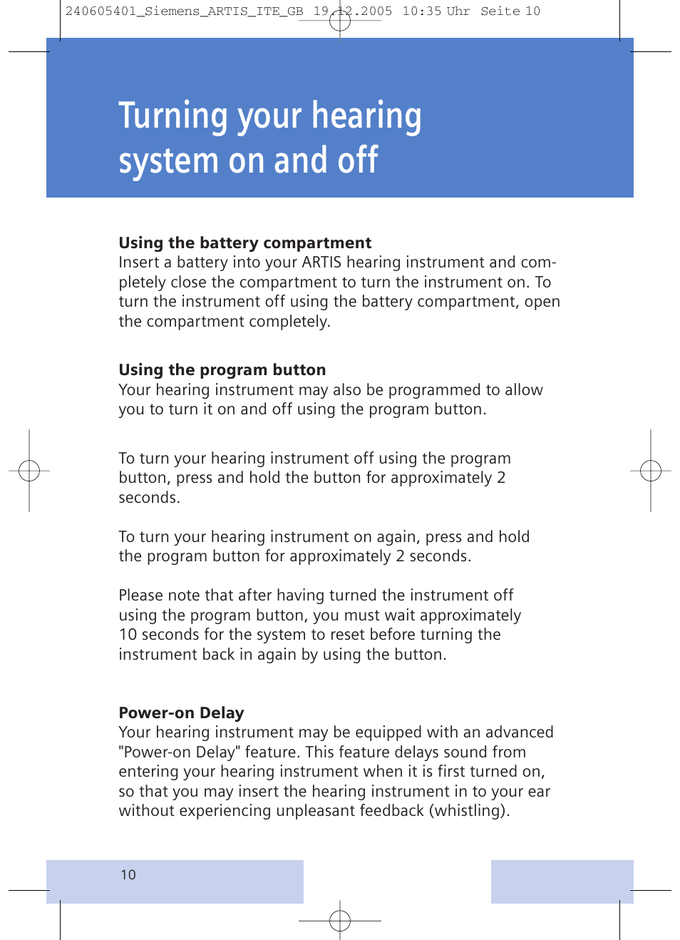 Turning your hearing system on and off | Siemens hearing systems User Manual | Page 10 / 24