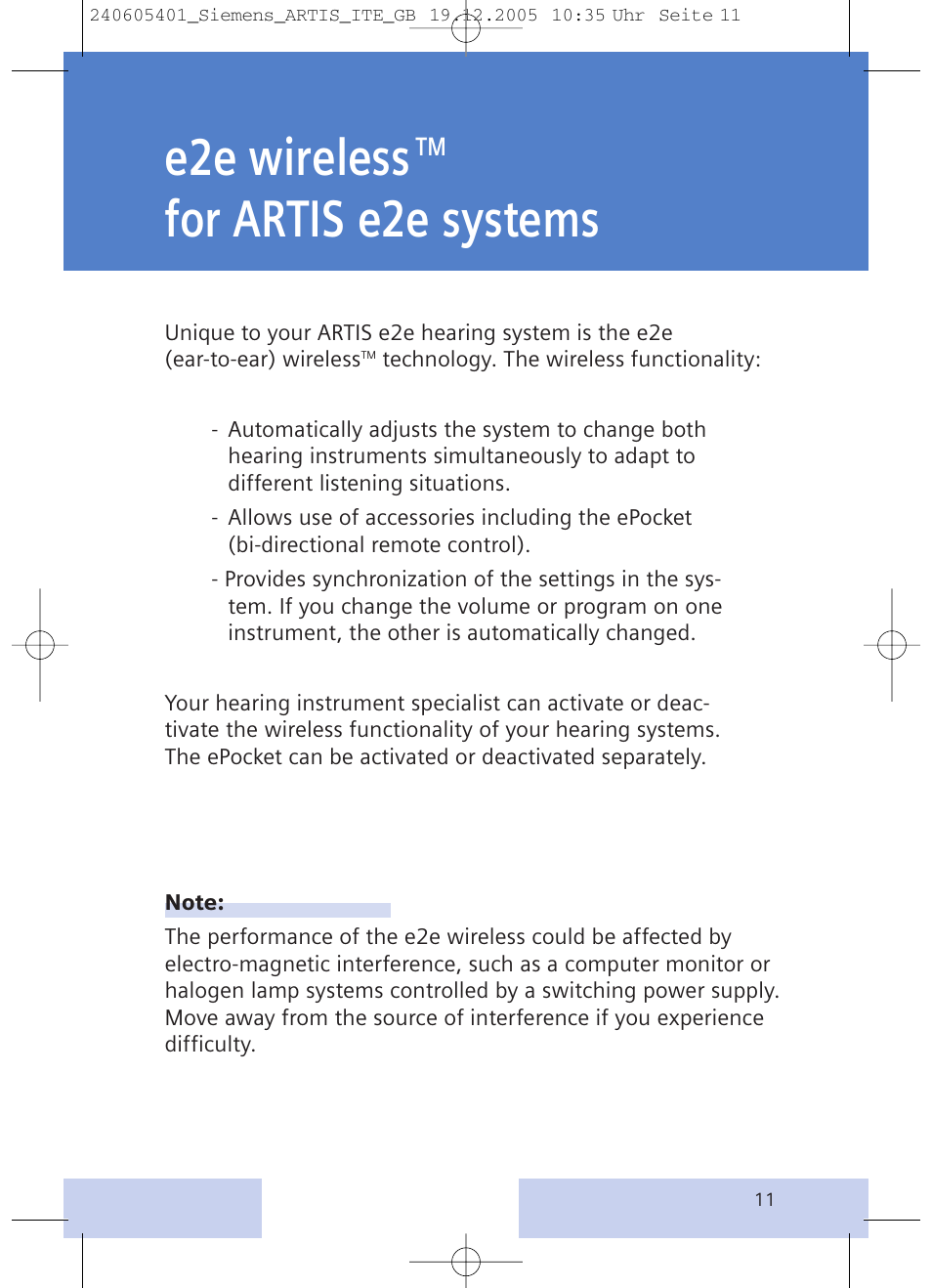 E2e wireless, For artis e2e systems | Siemens hearing systems User Manual | Page 11 / 24