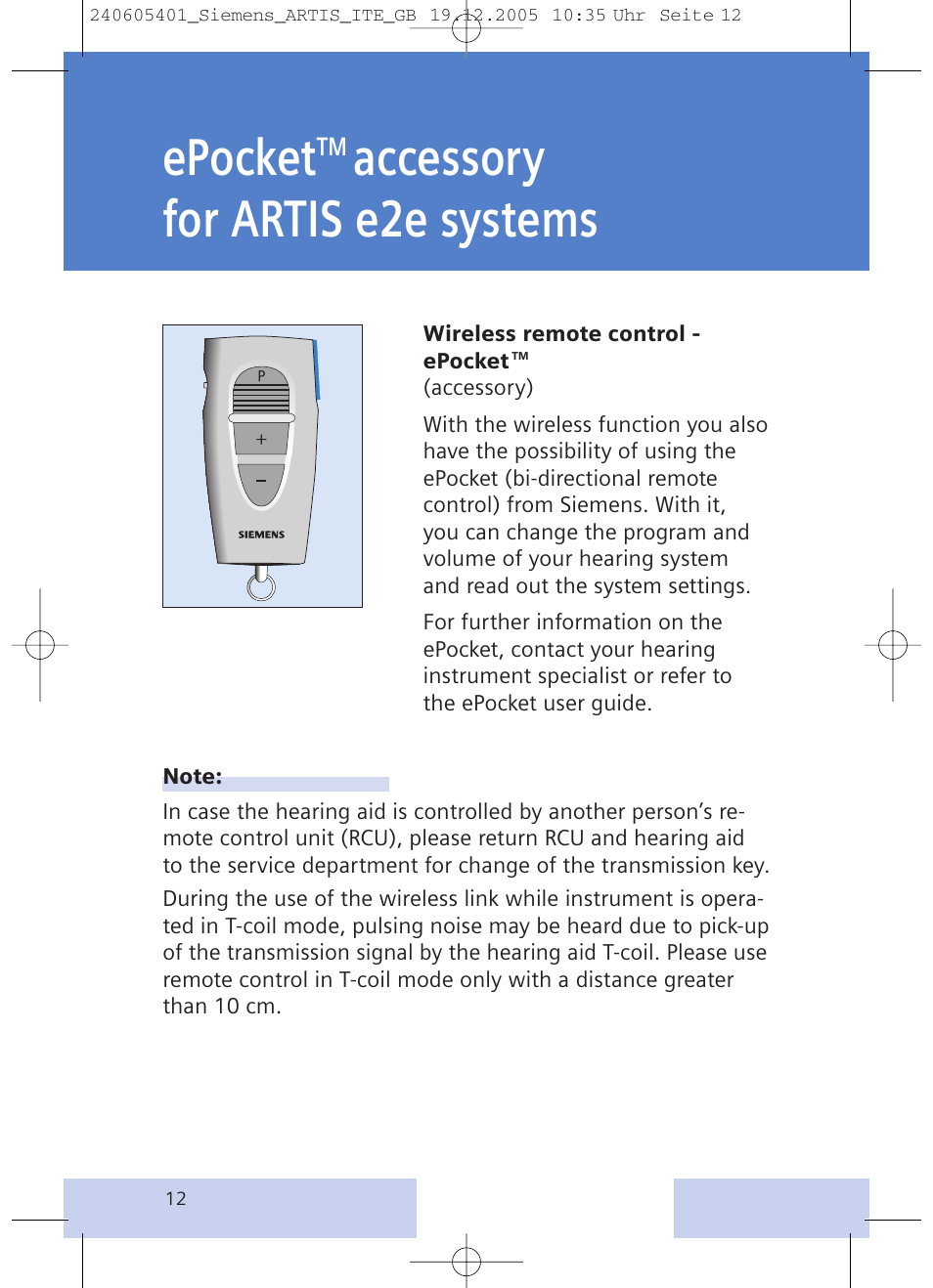 Epocket, Accessory for artis e2e systems | Siemens hearing systems User Manual | Page 12 / 24