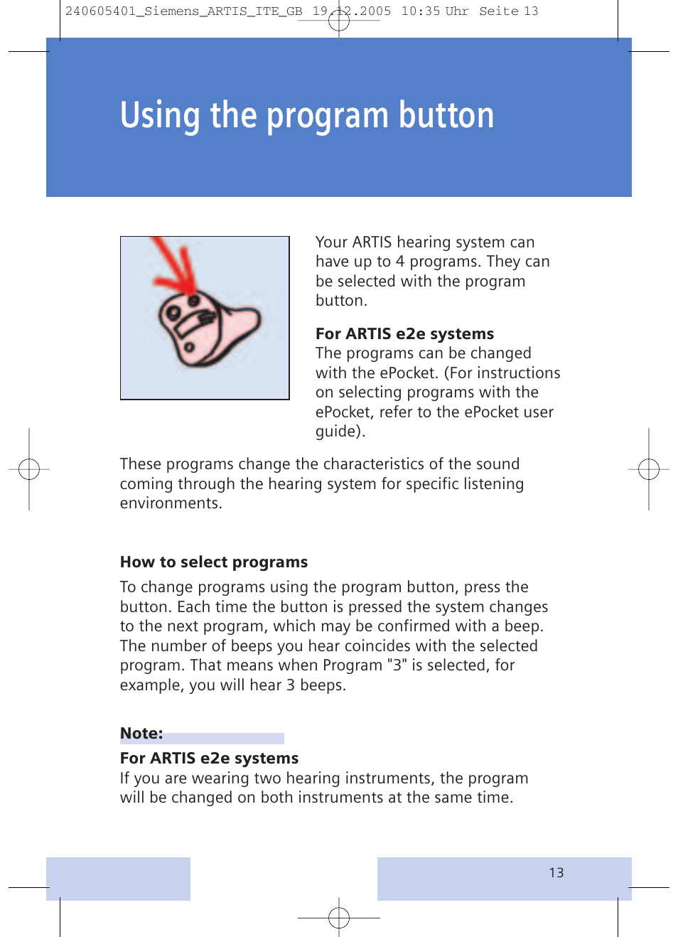 Using the program button | Siemens hearing systems User Manual | Page 13 / 24