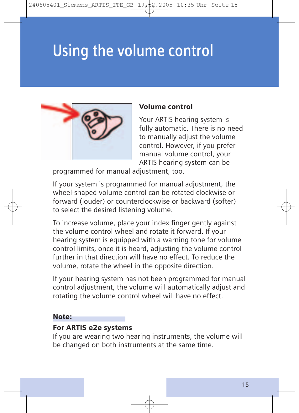 Using the volume control | Siemens hearing systems User Manual | Page 15 / 24