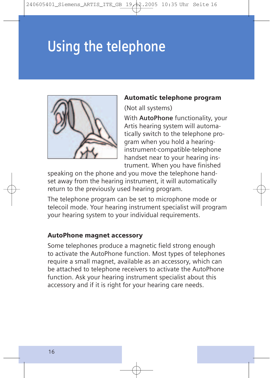 Using the telephone | Siemens hearing systems User Manual | Page 16 / 24