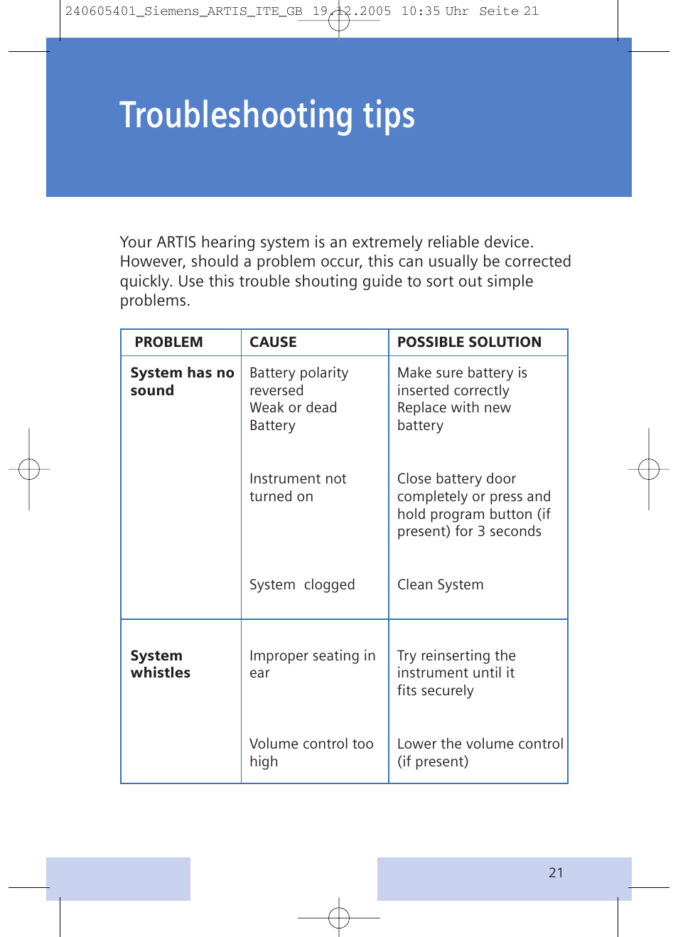Troubleshooting tips | Siemens hearing systems User Manual | Page 21 / 24