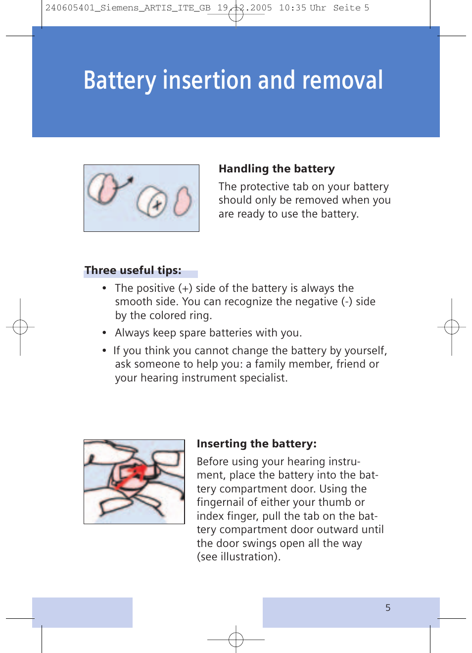 Battery insertion and removal | Siemens hearing systems User Manual | Page 5 / 24