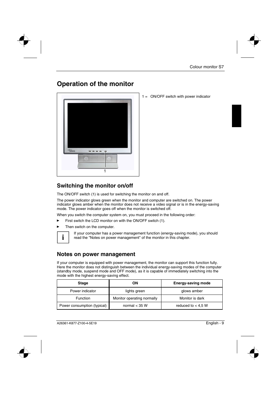 Operation of the monitor, Switching the monitor on/off | Siemens S7 User Manual | Page 11 / 21