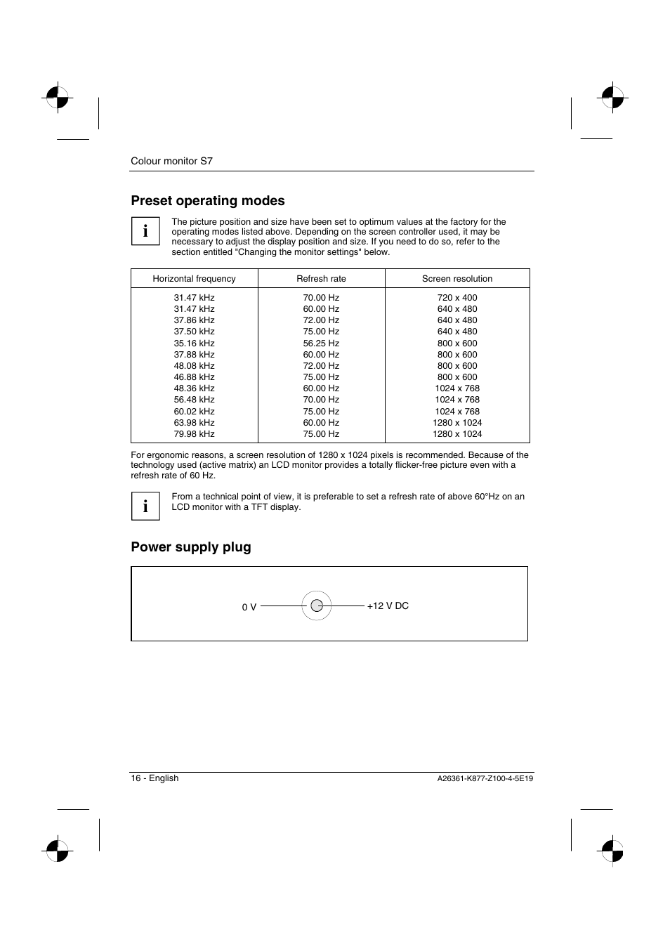 Preset operating modes, Power supply plug | Siemens S7 User Manual | Page 18 / 21