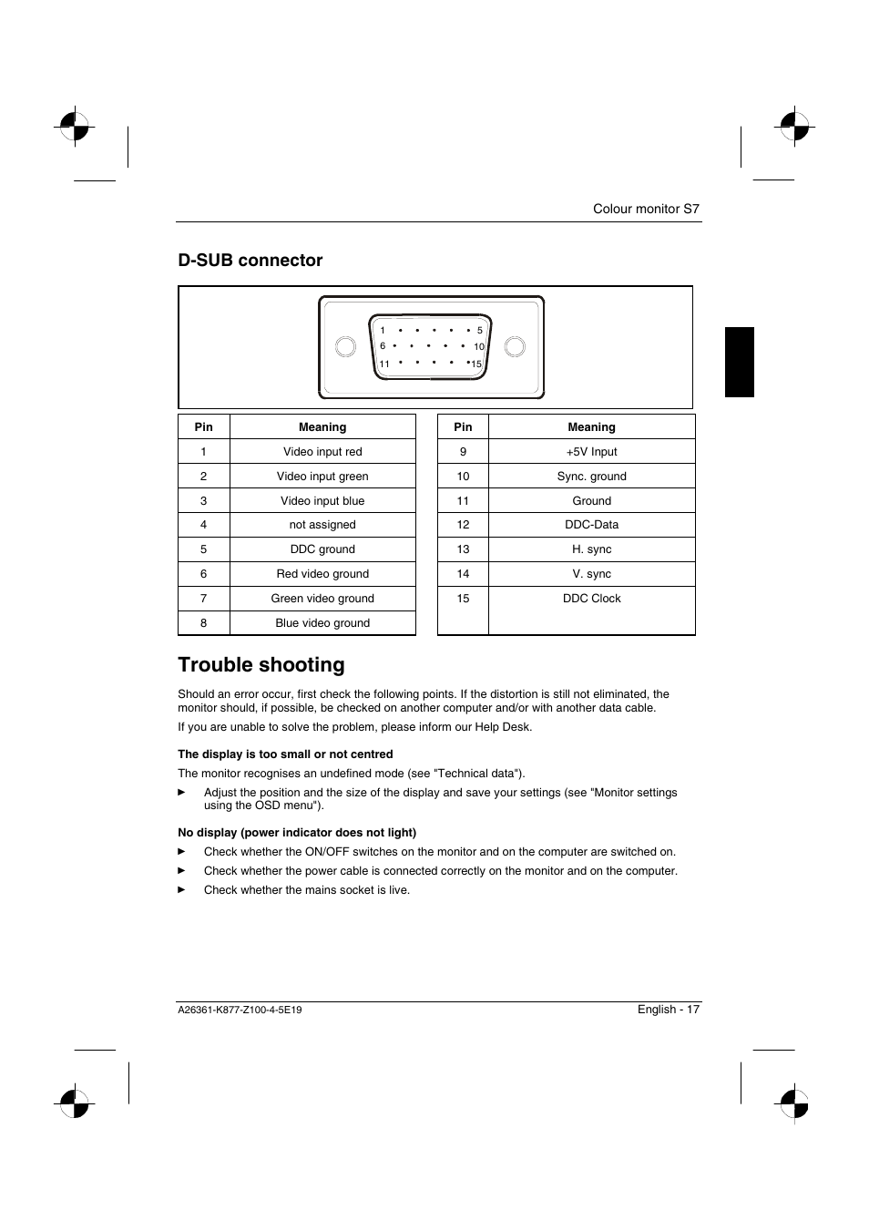 Trouble shooting, D-sub connector | Siemens S7 User Manual | Page 19 / 21