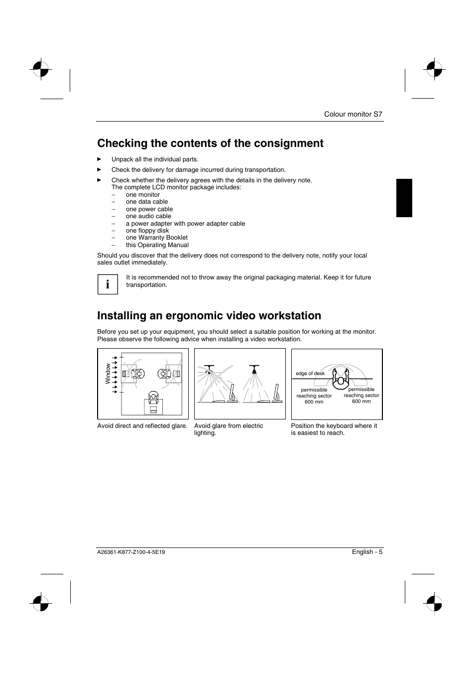 Checking the contents of the consignment, Installing an ergonomic video workstation | Siemens S7 User Manual | Page 7 / 21