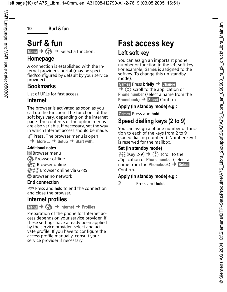 Surf & fun, Bookmarks, Internet | Fast access key, Homepage, Internet profiles, Left soft key, Speed dialling keys (2 to 9) | Siemens A75 User Manual | Page 10 / 16