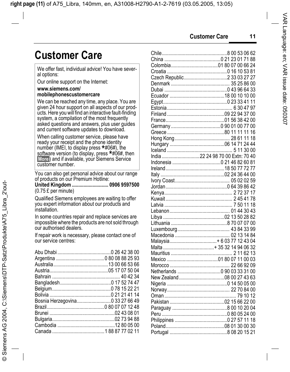 Customer care | Siemens A75 User Manual | Page 11 / 16