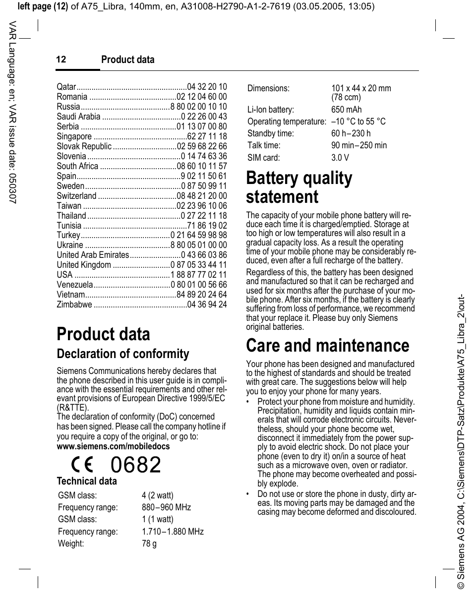 Product data, Battery quality statement, Care and maintenance | Declaration of conformity | Siemens A75 User Manual | Page 12 / 16