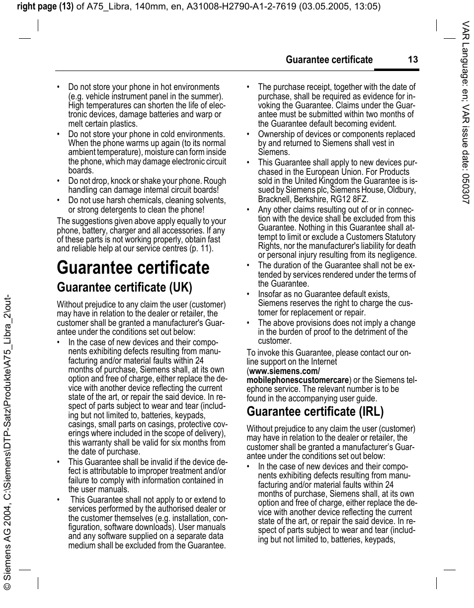 Guarantee certificate, Guarantee certificate (uk), Guarantee certificate (irl) | Siemens A75 User Manual | Page 13 / 16