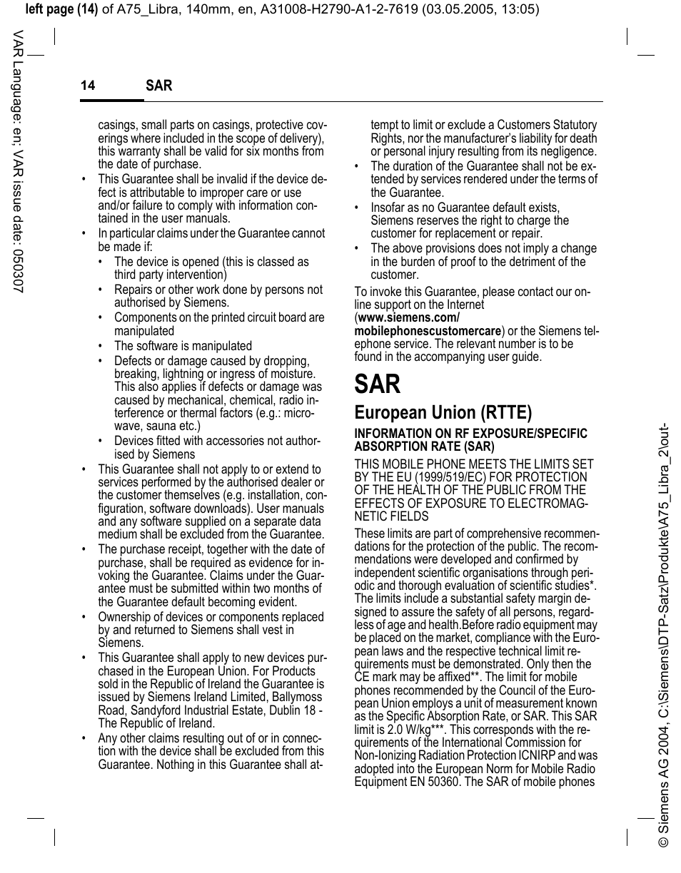 European union (rtte) | Siemens A75 User Manual | Page 14 / 16