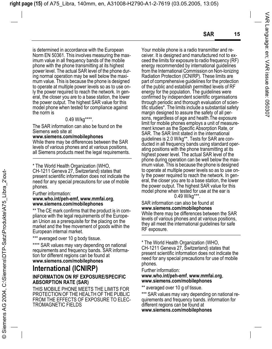 International (icnirp) | Siemens A75 User Manual | Page 15 / 16