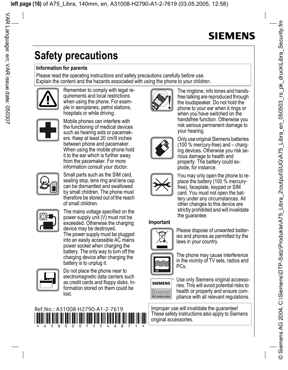 Safety precautions | Siemens A75 User Manual | Page 16 / 16