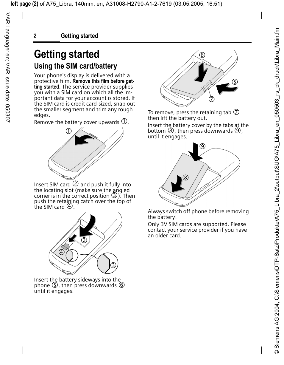 Getting started, Using the sim card/battery | Siemens A75 User Manual | Page 2 / 16