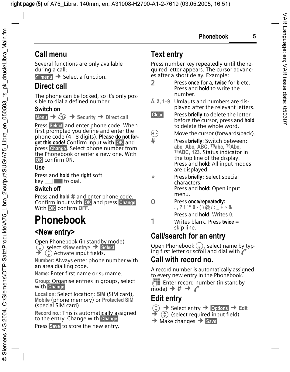 Phonebook, New entry, Text entry | Call/search for an entry, Call with record no, Edit entry, Call menu, Direct call | Siemens A75 User Manual | Page 5 / 16