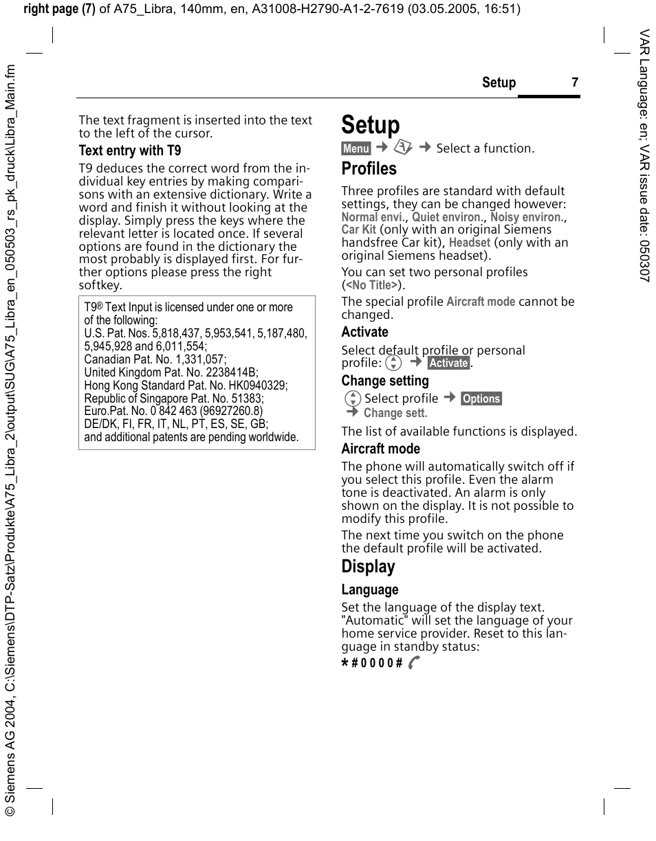 Setup, Profiles, Display | Siemens A75 User Manual | Page 7 / 16