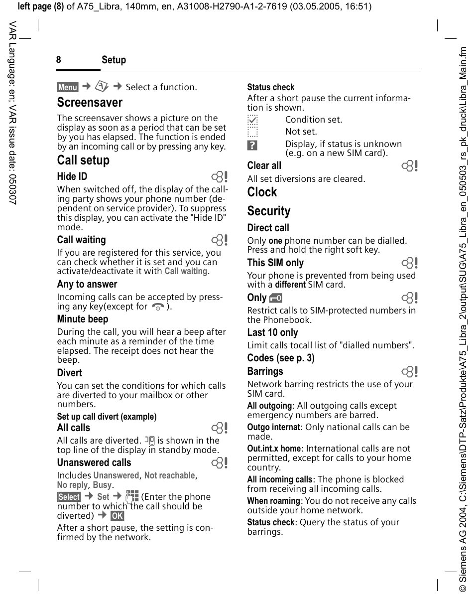 Screensaver, Call setup, Clock | Security, Clock security | Siemens A75 User Manual | Page 8 / 16