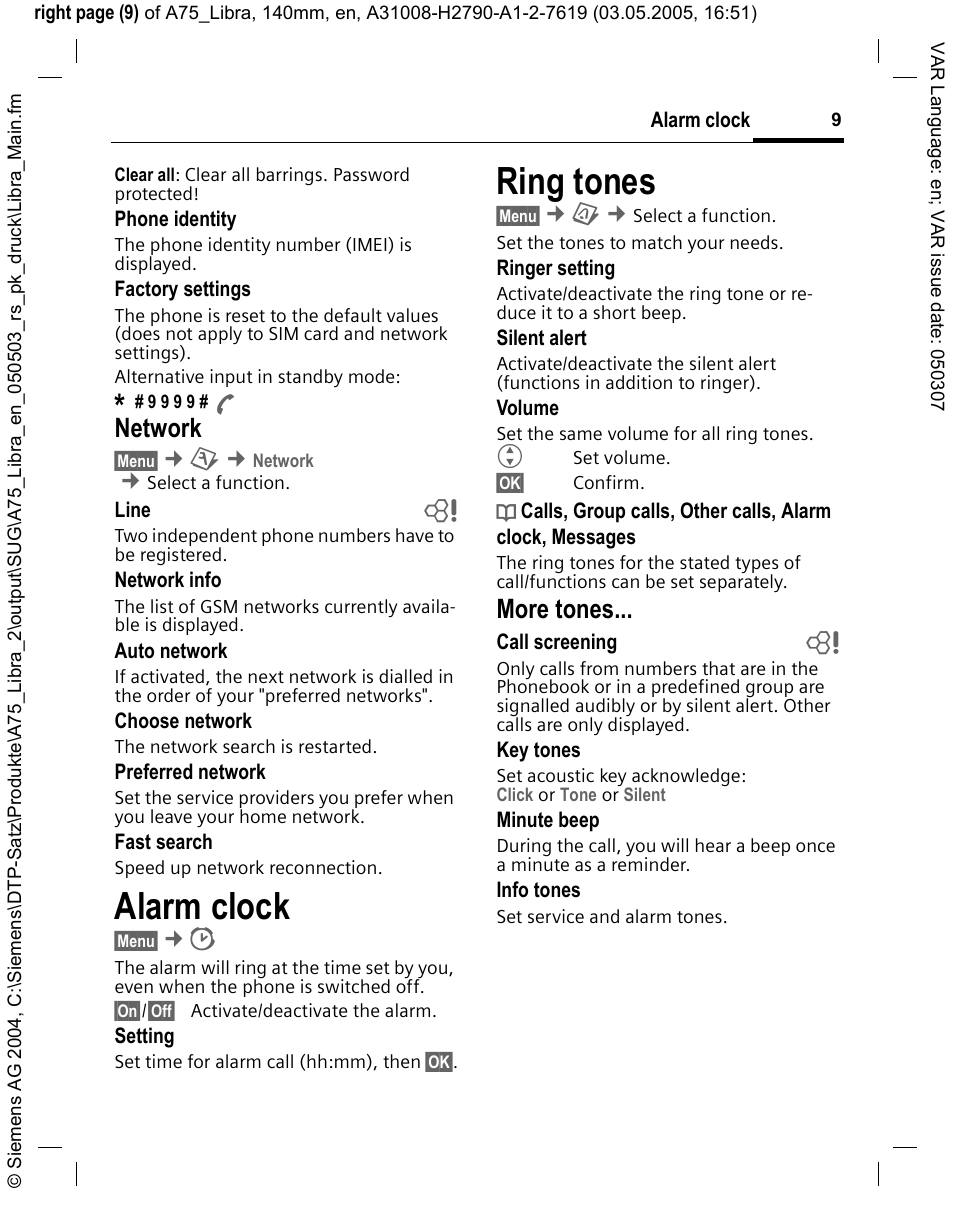 Network, Alarm clock, Ring tones | More tones | Siemens A75 User Manual | Page 9 / 16