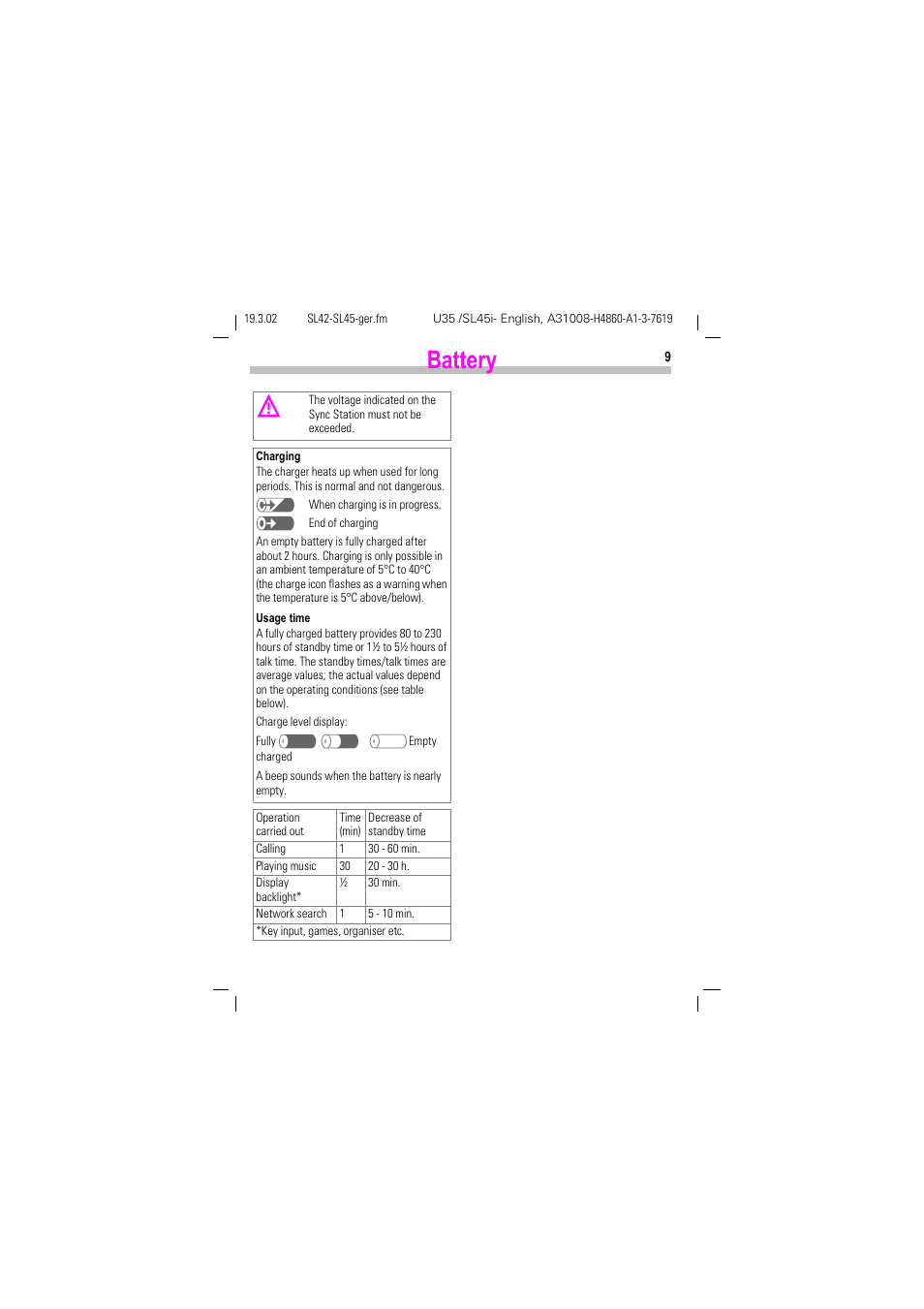 Battery | Siemens SL42 User Manual | Page 11 / 96